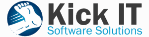 Kick IT Software Solutions logo containing white cartoon foot on a blue background. The foot appears to be kicking.