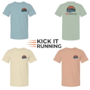 Click to show details - runasheville_four_shirts display of four different colored shirts displaying the run asheville logo front and back